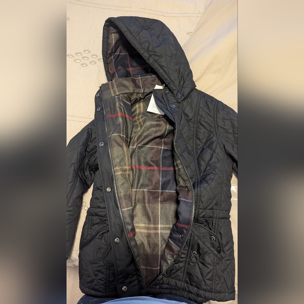 Black Quilted Hooded Jacket with Plaid Lining